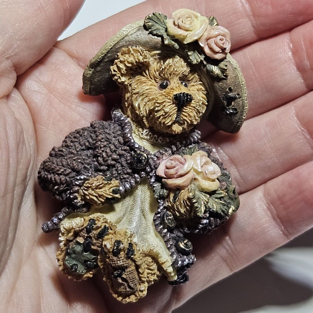 Boyds Bears Vintage Dressed Teddy Bear Brooch Rose Hat Country Resin Flower